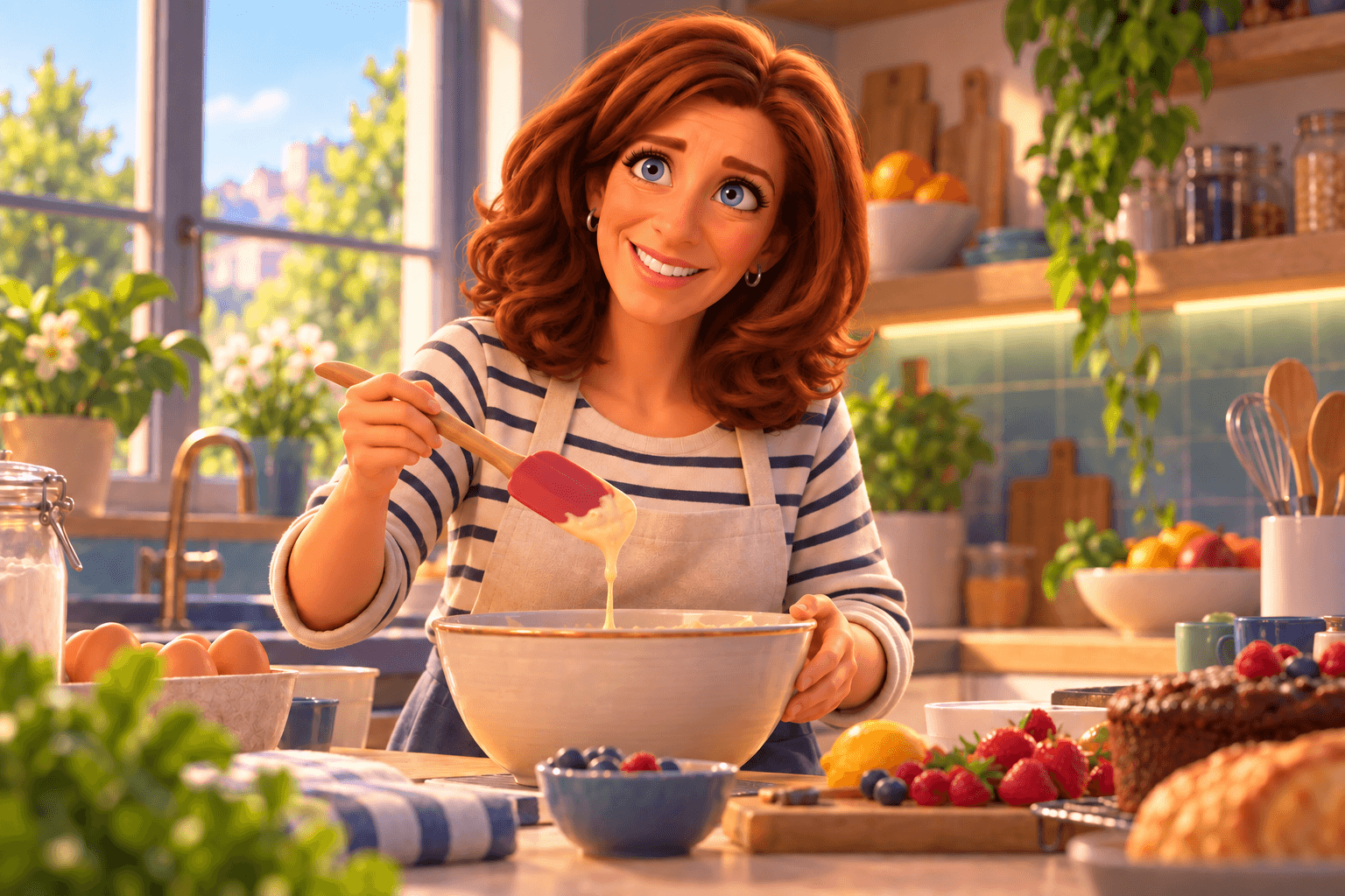 Muriel souriante dans une cuisine avec une maryse à la main.